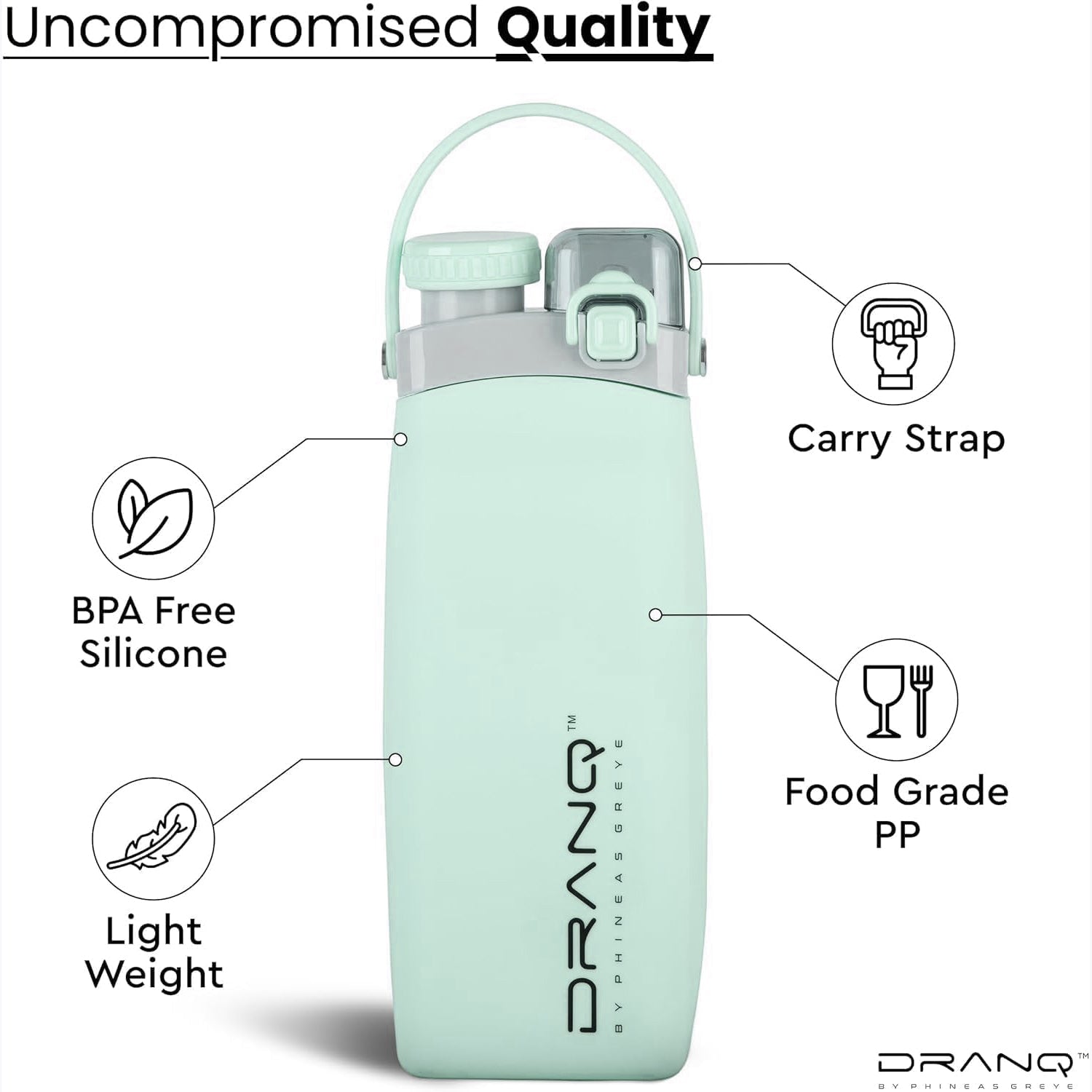 Phineas Greye DRANQ Collapsible Water Bottle – 16oz Leakproof Foldable Silicone Bottle for Travel, Gym & Adventure