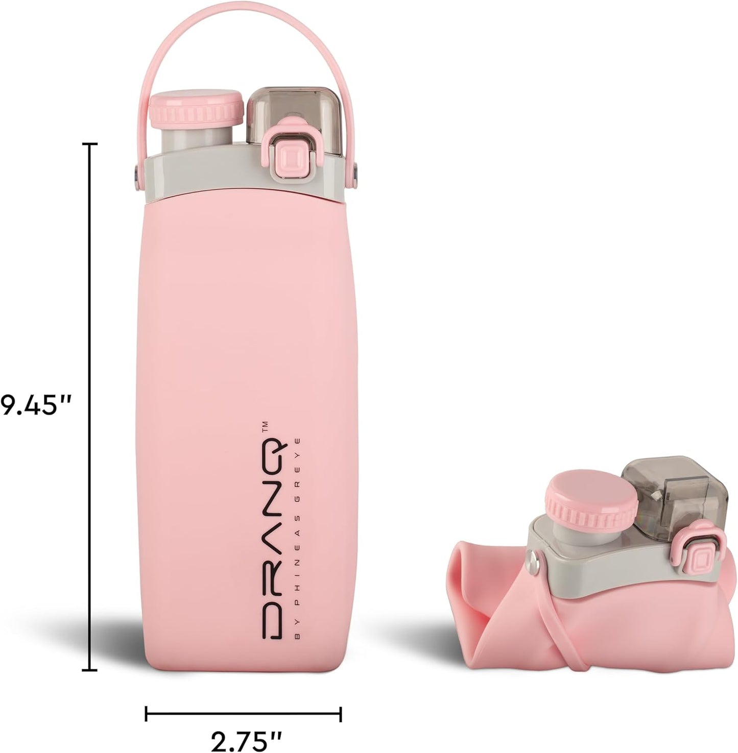 Phineas Greye DRANQ Collapsible Water Bottle – 16oz Leakproof Foldable Silicone Bottle for Travel, Gym & Adventure