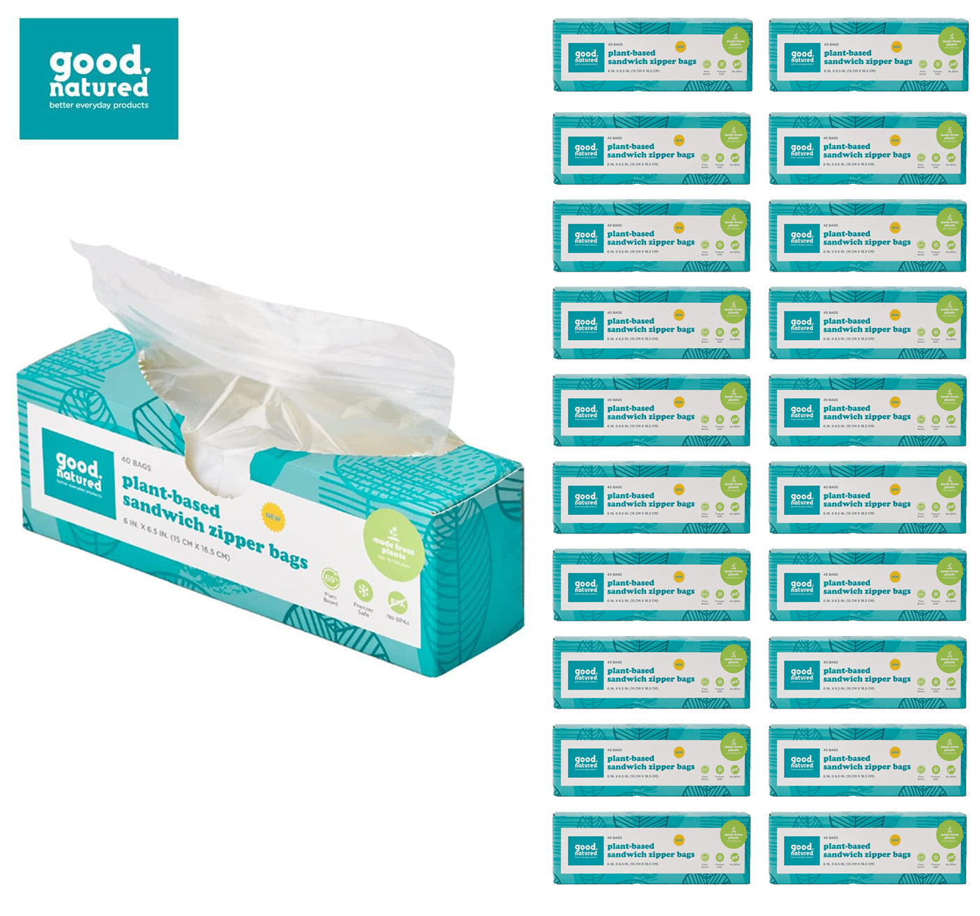 Eco-Friendly Plant-Based Reusable Sandwich Bags – Quart Size, 40-Pack, BPA-Free Zipper Bags