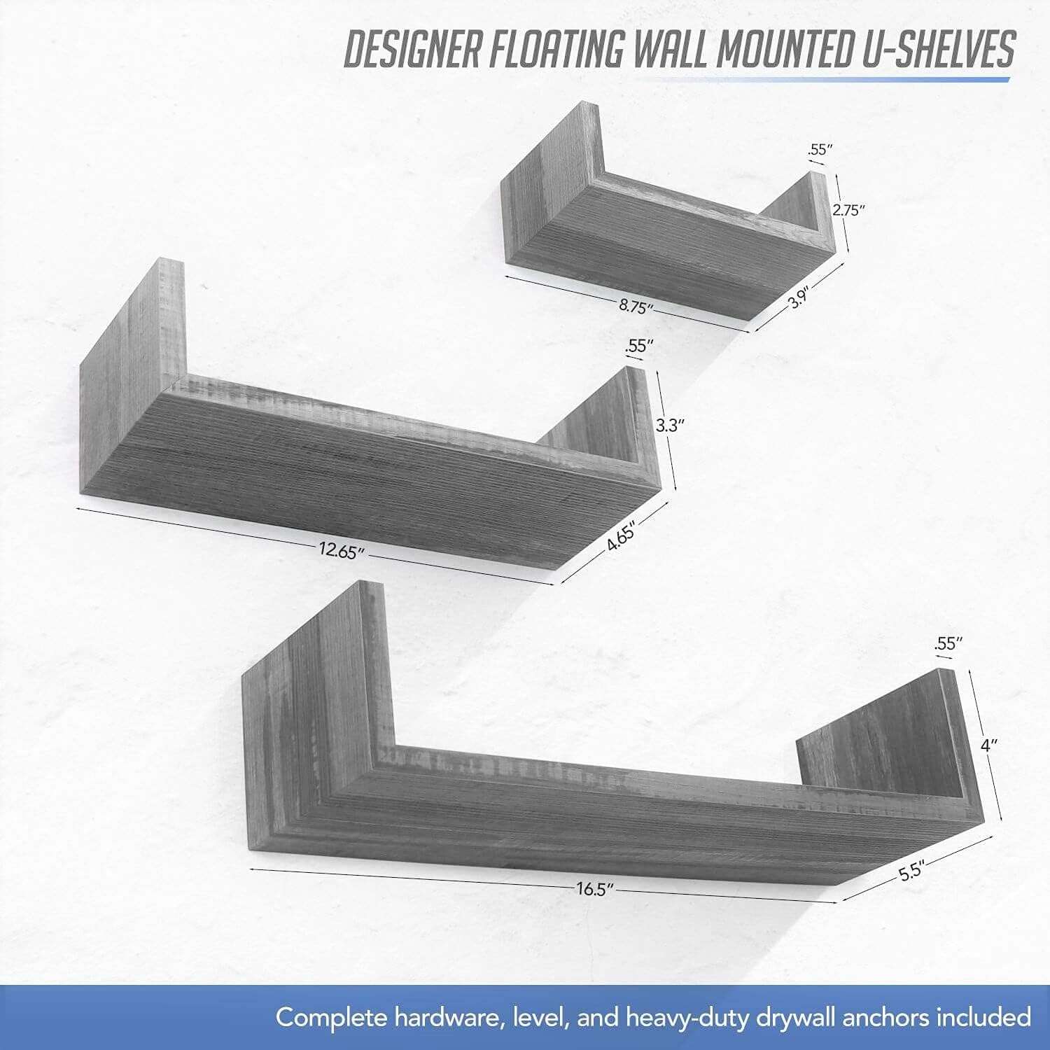 Rustic U-Shaped Floating Wall Shelves – Set of 3 | Minimalist Wood Shelves for Home & Pantry Decor