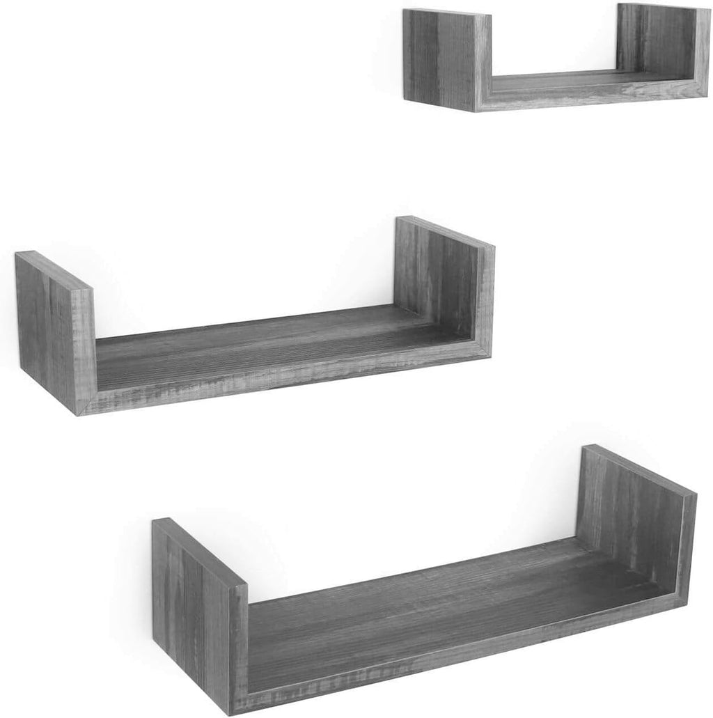Rustic U-Shaped Floating Wall Shelves – Set of 3 | Minimalist Wood Shelves for Home & Pantry Decor