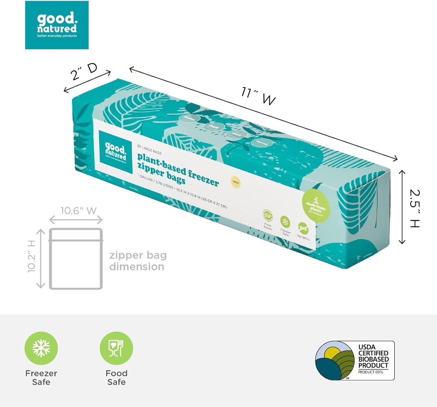 Plant-Based 1 Gallon Freezer Bags – 20pc Resealable Zipper Bags for Food Storage (Choose Qty)