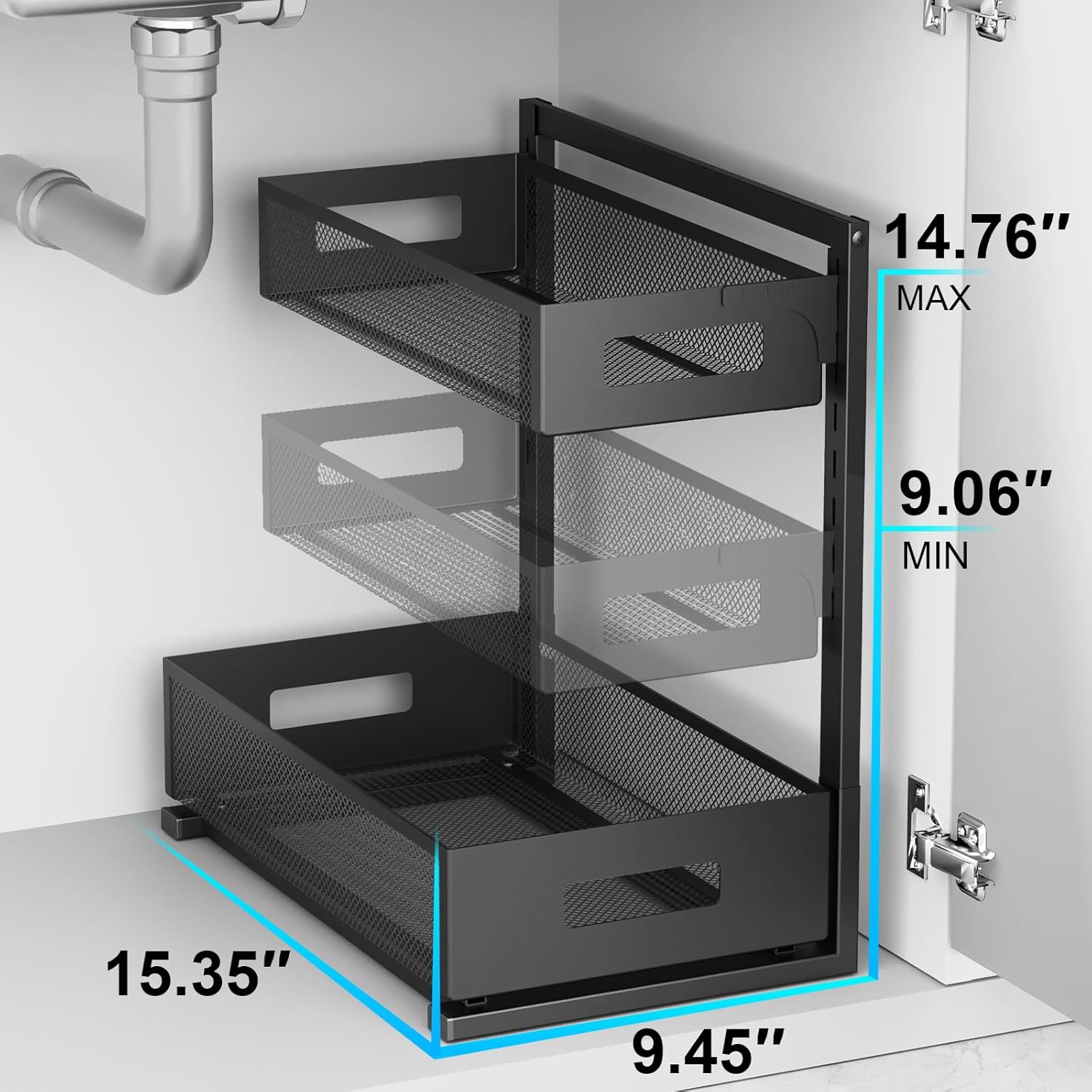 Under Sink Pull-Out Cabinet Organizer – 2-Tier Sliding Drawers, Adjustable Height