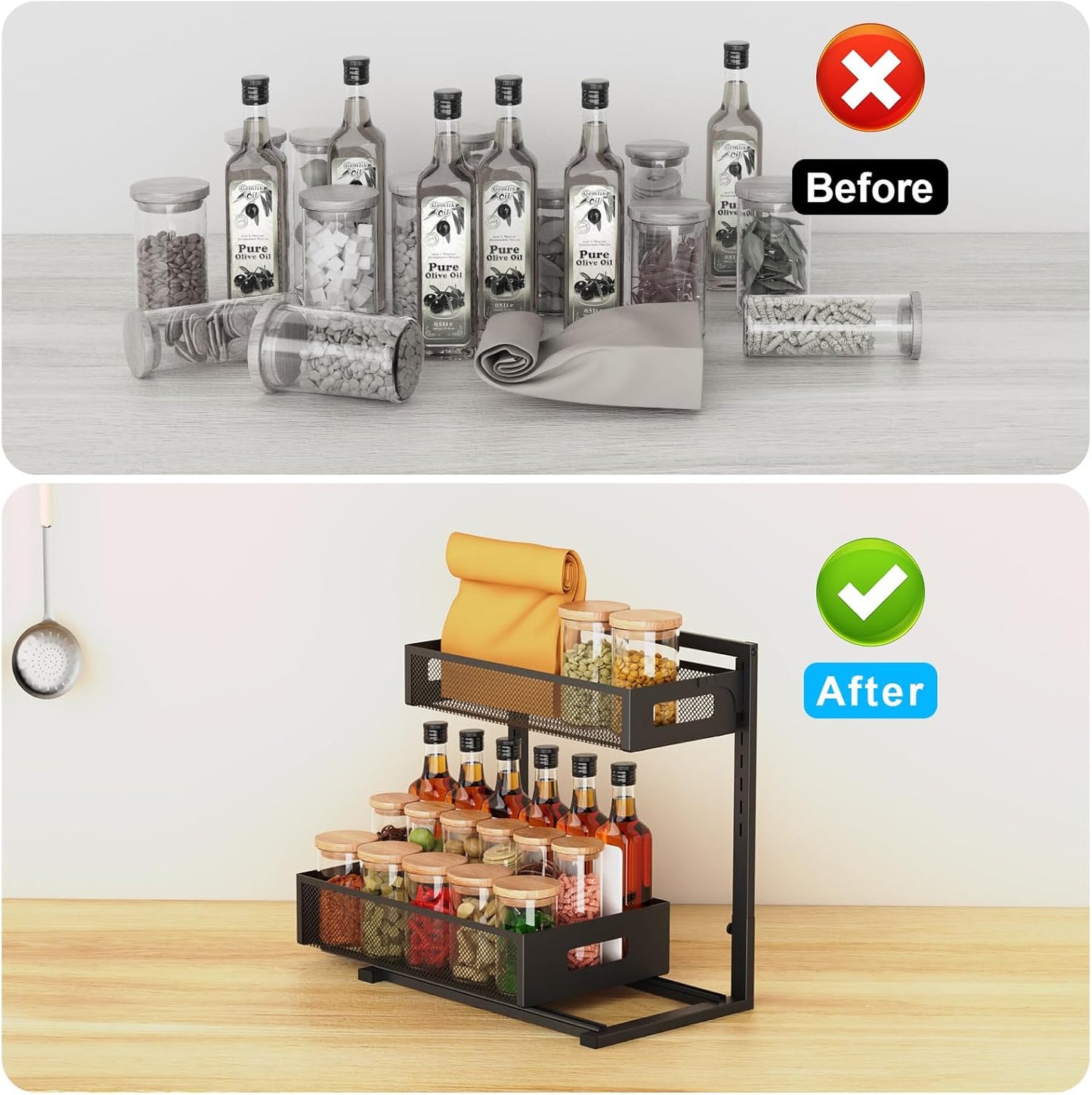 Under Sink Pull-Out Cabinet Organizer – 2-Tier Sliding Drawers, Adjustable Height