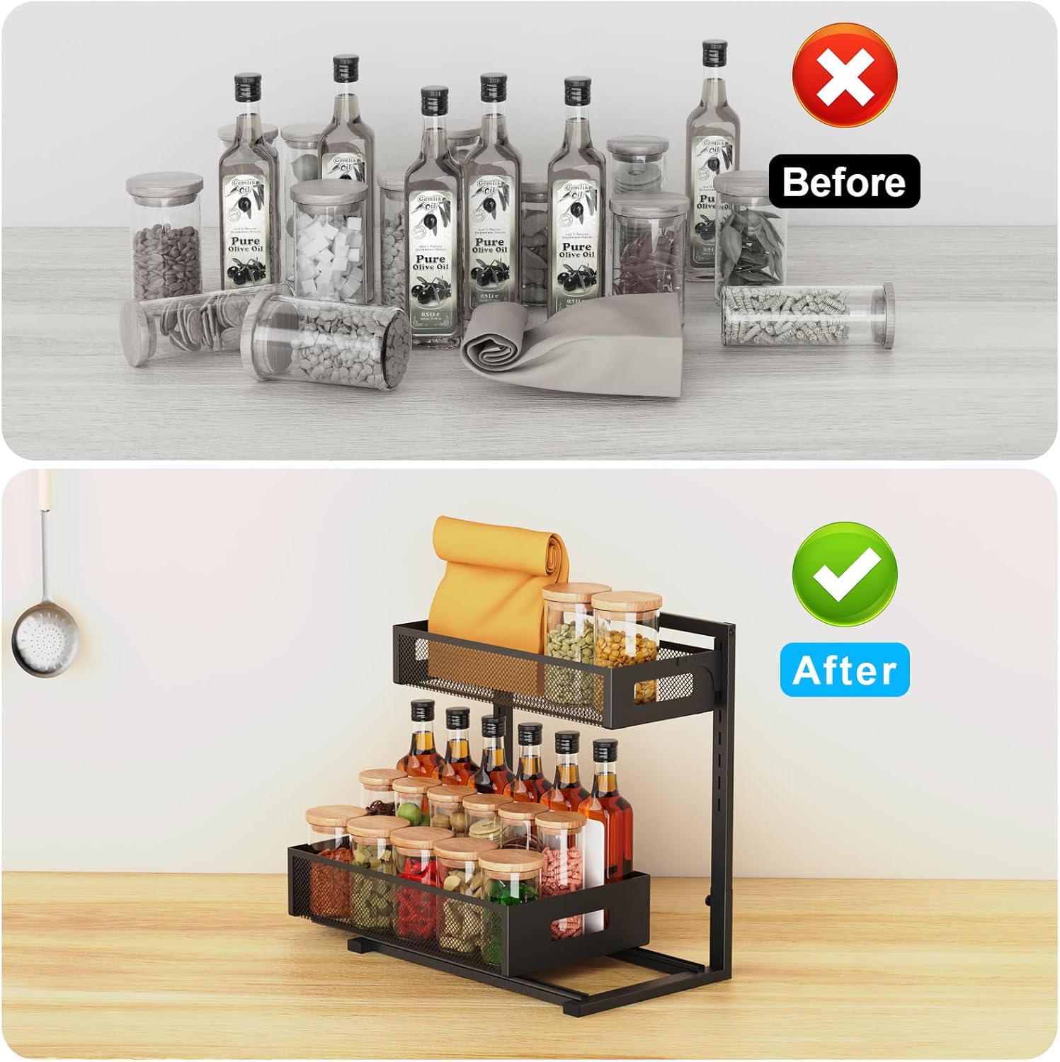 Under Sink Pull-Out Cabinet Organizer – 2-Tier Sliding Drawers, Adjustable Height