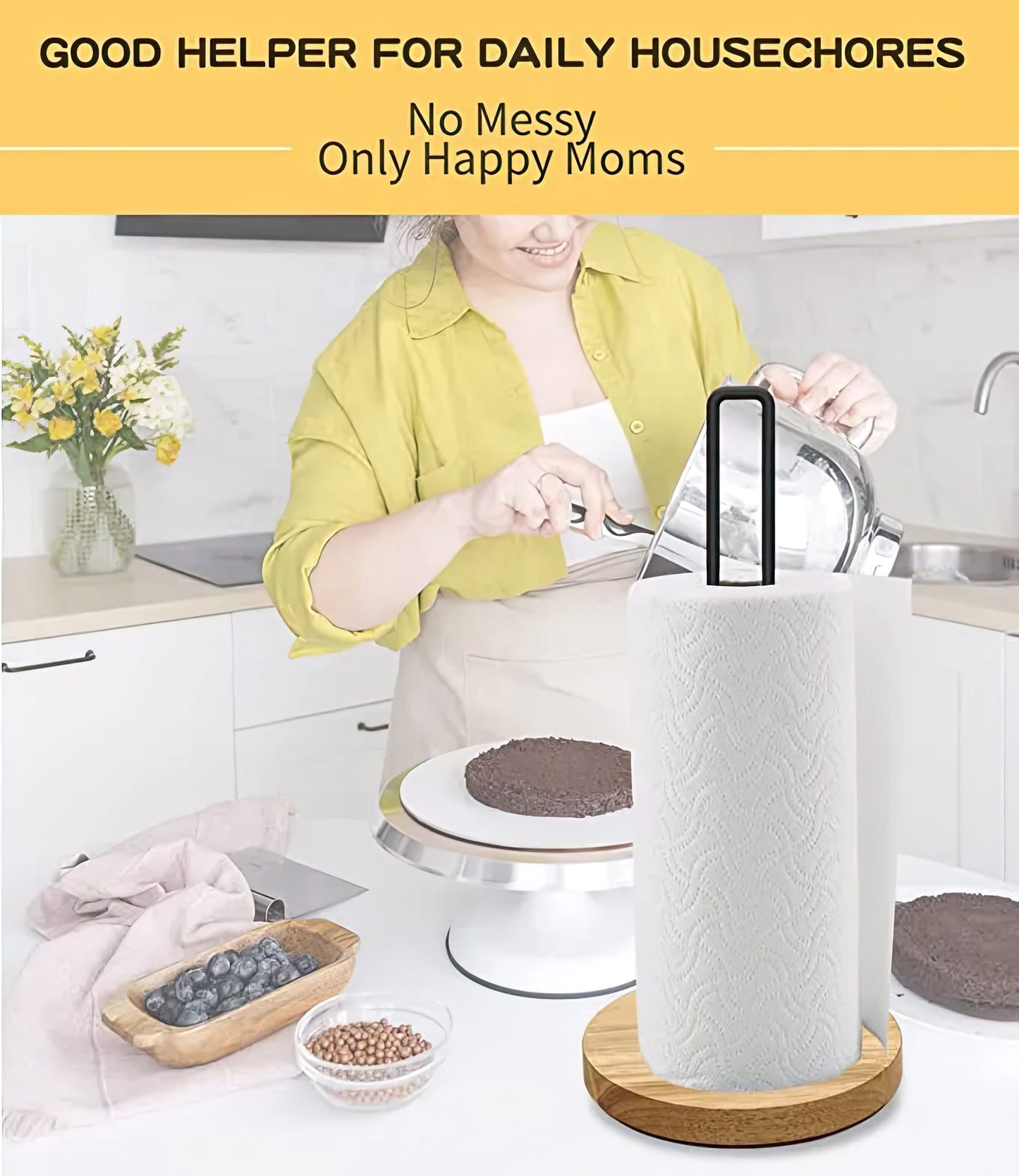 Modern Countertop Paper Towel Holder –Wood & Metal Stand with Non-Slip Base