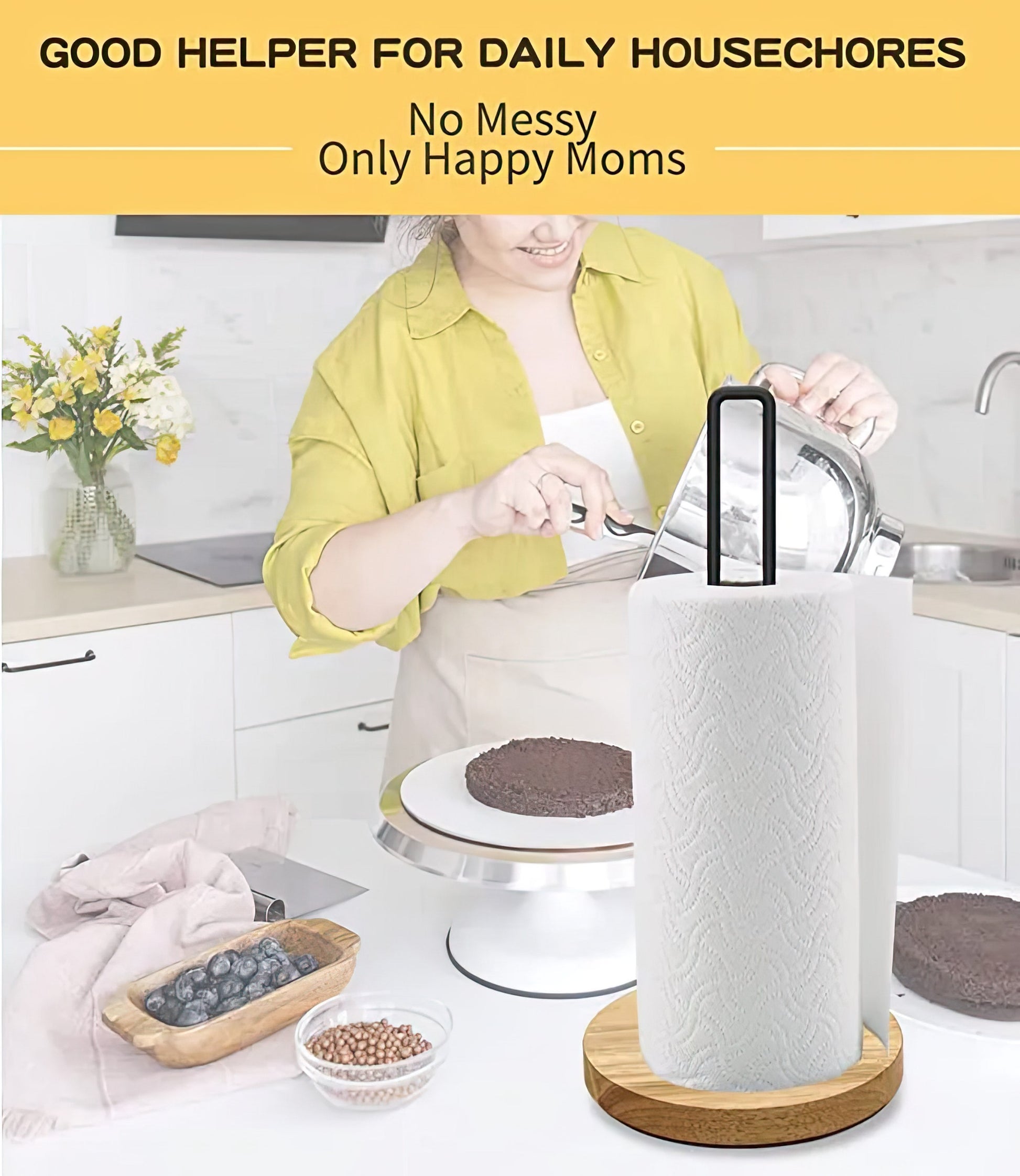 Modern Countertop Paper Towel Holder –Wood & Metal Stand with Non-Slip Base