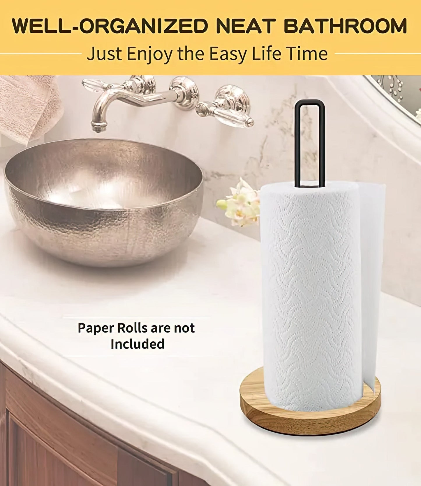 Modern Countertop Paper Towel Holder –Wood & Metal Stand with Non-Slip Base