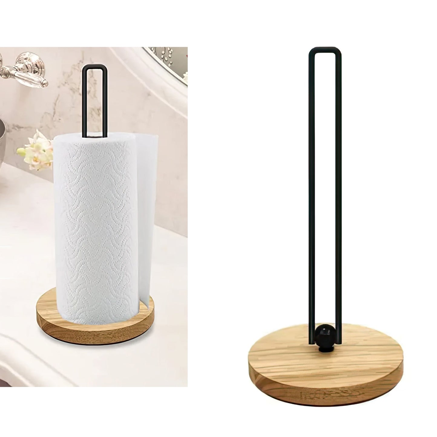 Modern Countertop Paper Towel Holder –Wood & Metal Stand with Non-Slip Base