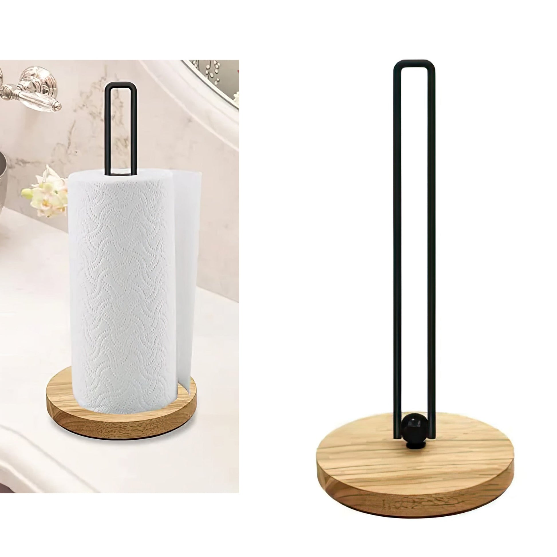 Modern Countertop Paper Towel Holder –Wood & Metal Stand with Non-Slip Base