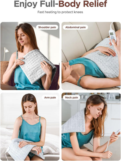 12" x 24" Electric Heating Pad for Pain Relief – 6 Heat Levels, Auto-Off, Soft Flannel, Washable