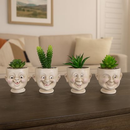 Funny Face Succulent Planter Set – 4 Assorted Resin Pots with Faux Plants, Whimsical Home Decor