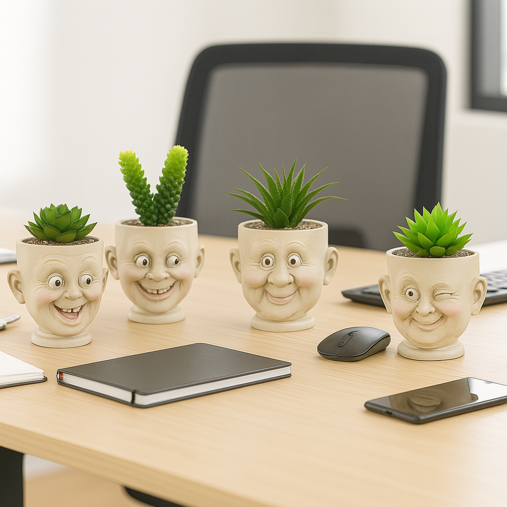Funny Face Succulent Planter Set – 4 Assorted Resin Pots with Faux Plants, Whimsical Home Decor