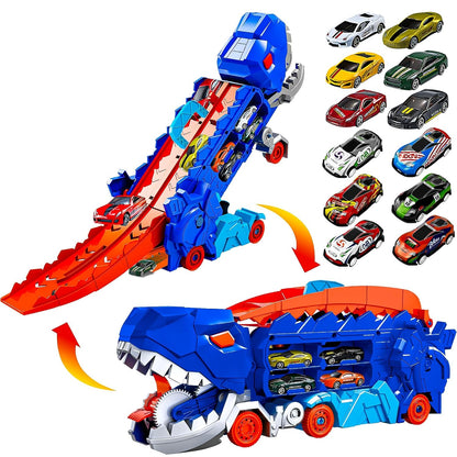 Dinosaur Transport Truck Carrier & Race Track – 3-in-1 Toy Car Set with Launcher