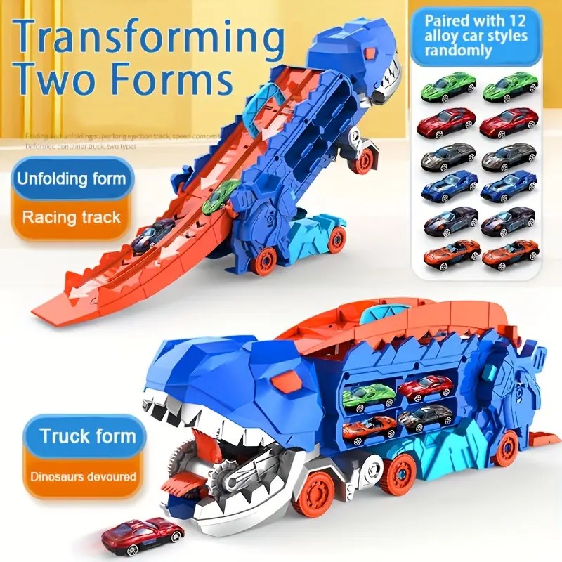 Dinosaur Transport Truck Carrier & Race Track – 3-in-1 Toy Car Set with Launcher