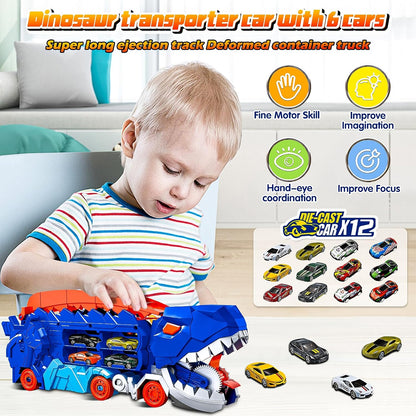 Dinosaur Transport Truck Carrier & Race Track – 3-in-1 Toy Car Set with Launcher