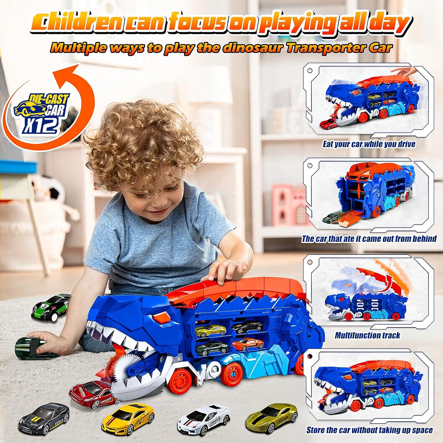 Dinosaur Transport Truck Carrier & Race Track – 3-in-1 Toy Car Set with Launcher