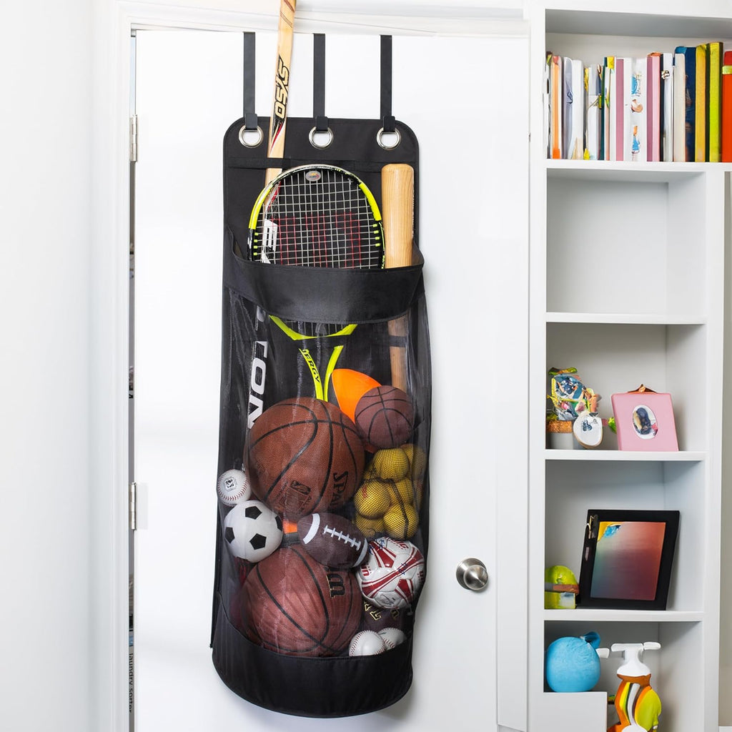Over-The-Door Mesh Sports Organizer – Ball, Bat & Racket Storage