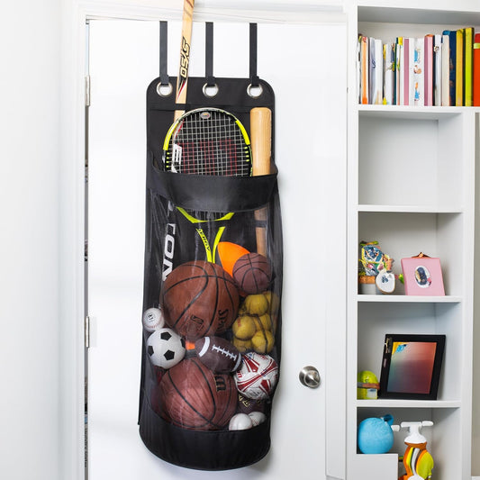 Over-The-Door Mesh Sports Organizer – Ball, Bat & Racket Storage