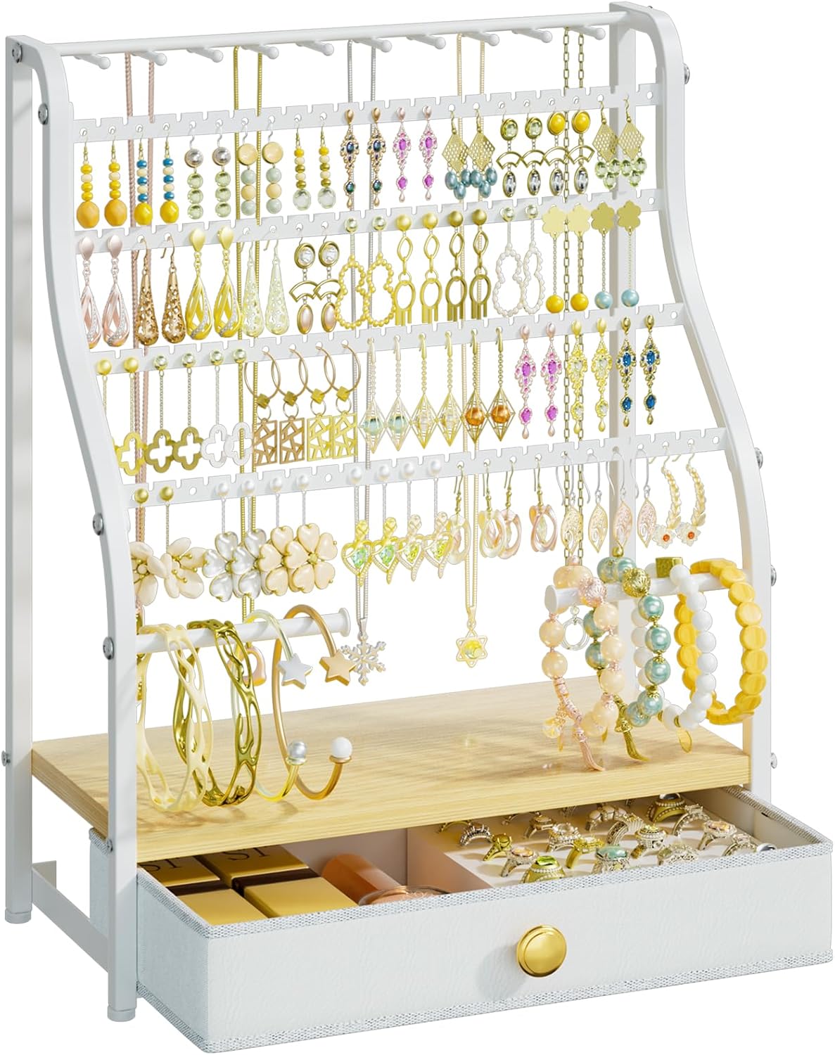 Earring Holder Organizer – 7-Tier Jewelry Stand with Drawer, Necklace Hooks & Watch Rods