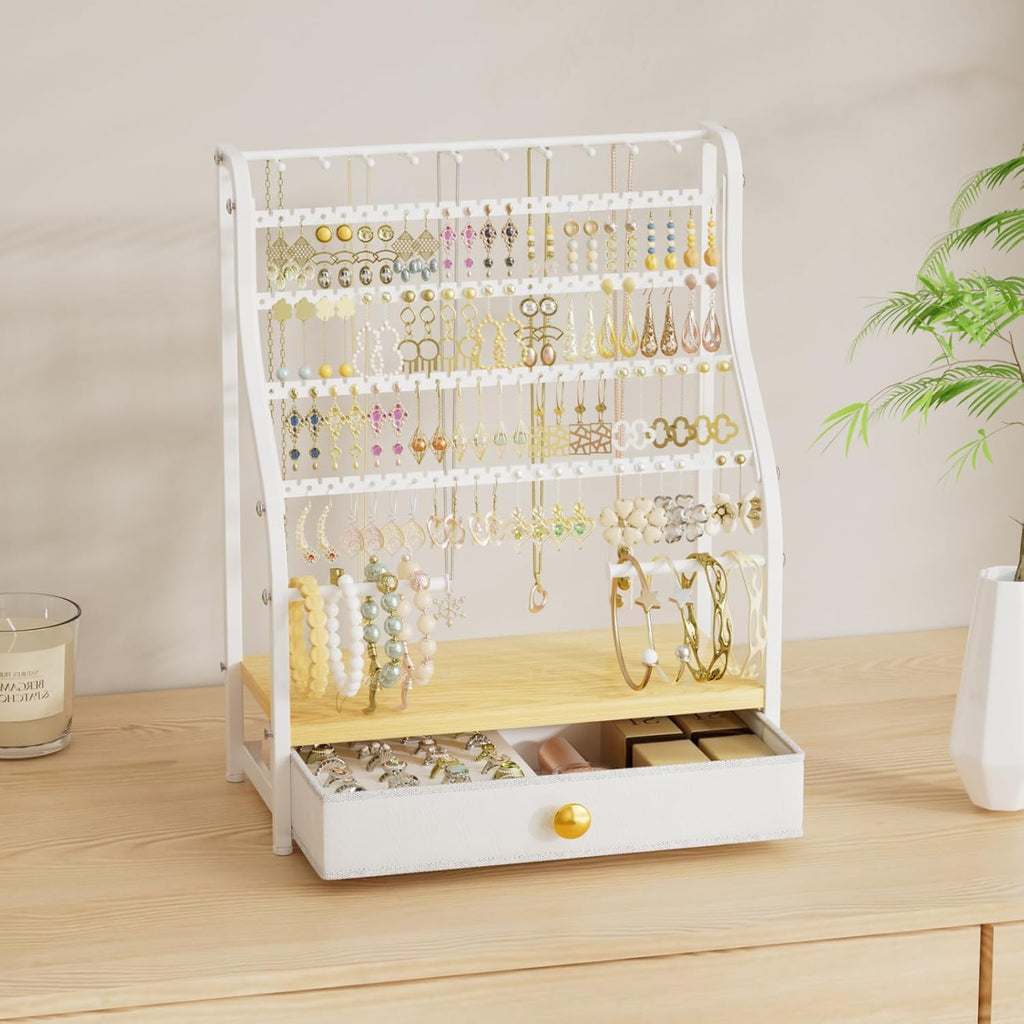 Earring Holder Organizer – 7-Tier Jewelry Stand with Drawer, Necklace Hooks & Watch Rods