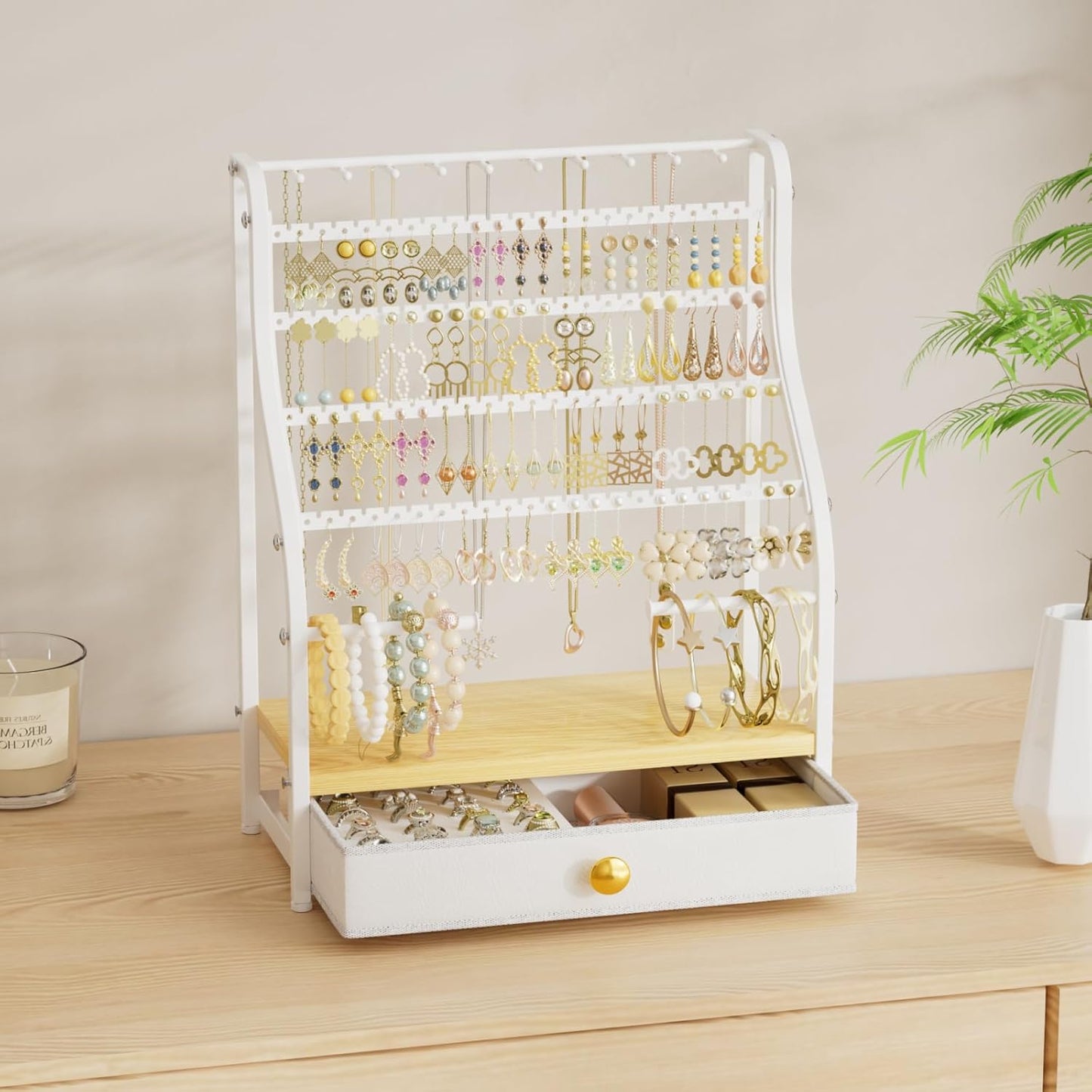 Earring Holder Organizer – 7-Tier Jewelry Stand with Drawer, Necklace Hooks & Watch Rods