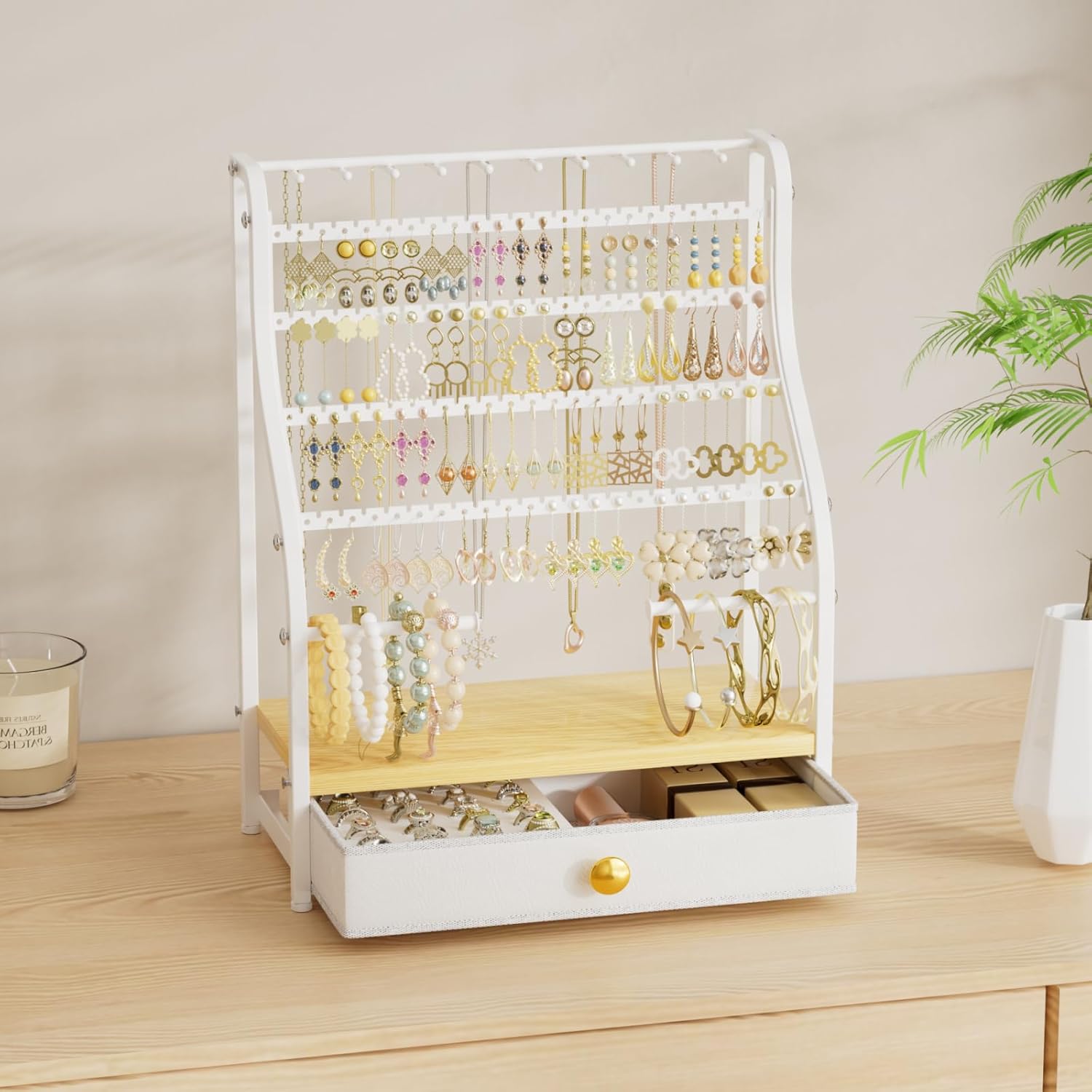Earring Holder Organizer – 7-Tier Jewelry Stand with Drawer, Necklace Hooks & Watch Rods