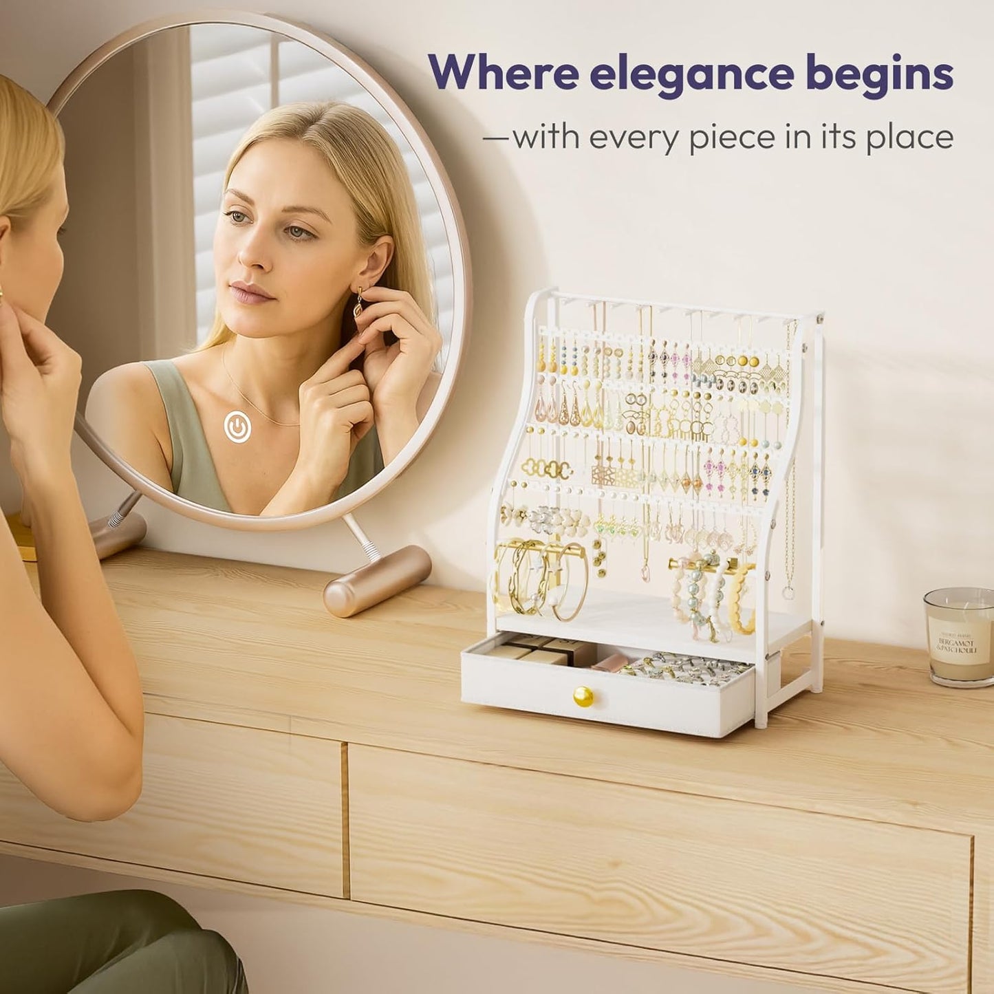 Earring Holder Organizer – 7-Tier Jewelry Stand with Drawer, Necklace Hooks & Watch Rods