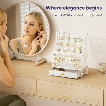 Earring Holder Organizer – 7-Tier Jewelry Stand with Drawer, Necklace Hooks & Watch Rods