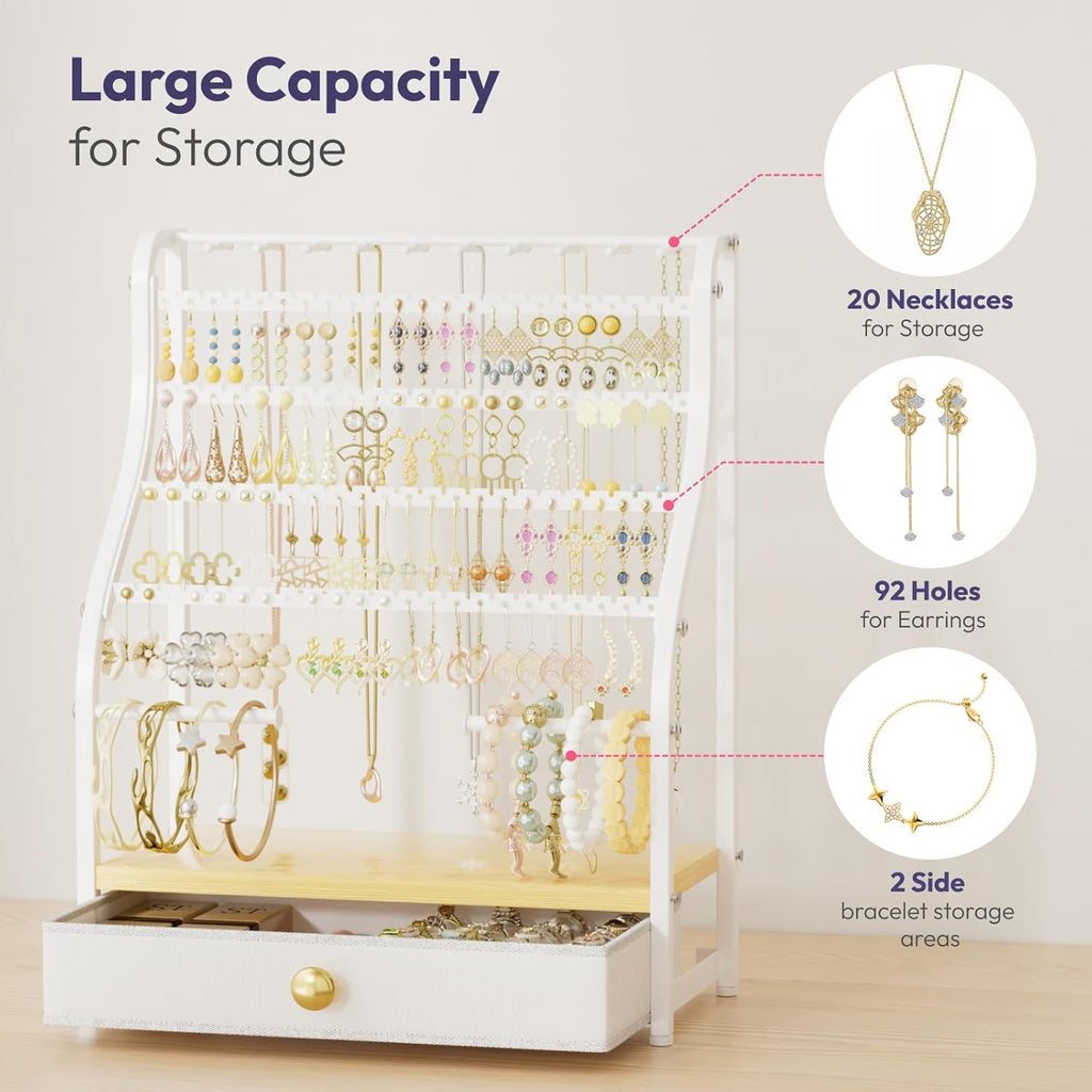 Earring Holder Organizer – 7-Tier Jewelry Stand with Drawer, Necklace Hooks & Watch Rods