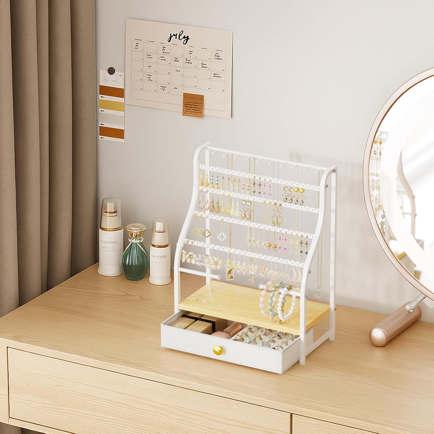 Earring Holder Organizer – 7-Tier Jewelry Stand with Drawer, Necklace Hooks & Watch Rods
