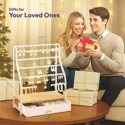 Earring Holder Organizer – 7-Tier Jewelry Stand with Drawer, Necklace Hooks & Watch Rods