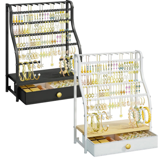 Earring Holder Organizer – 7-Tier Jewelry Stand with Drawer, Necklace Hooks & Watch Rods