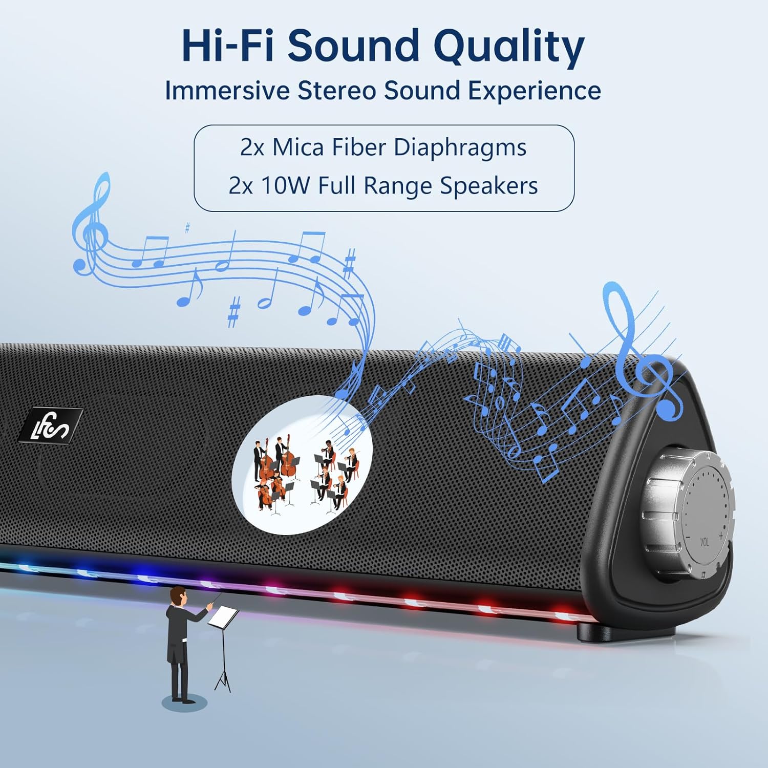 Bluetooth Computer Speaker – 20W Hi-Fi Soundbar with RGB Lights, AUX/Bluetooth, All-in-One Control