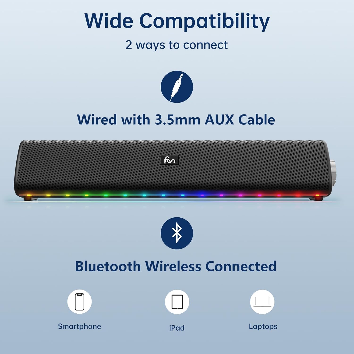 Bluetooth Computer Speaker – 20W Hi-Fi Soundbar with RGB Lights, AUX/Bluetooth, All-in-One Control