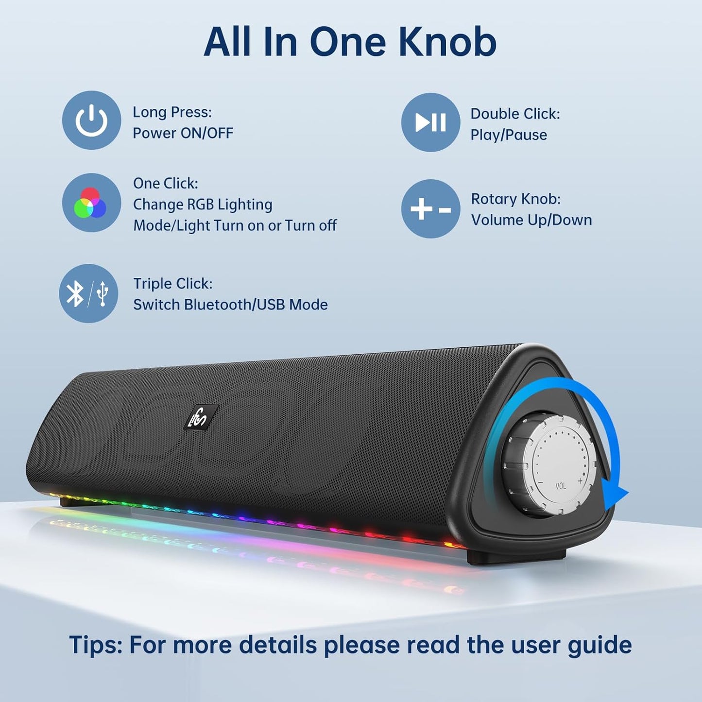 Bluetooth Computer Speaker – 20W Hi-Fi Soundbar with RGB Lights, AUX/Bluetooth, All-in-One Control