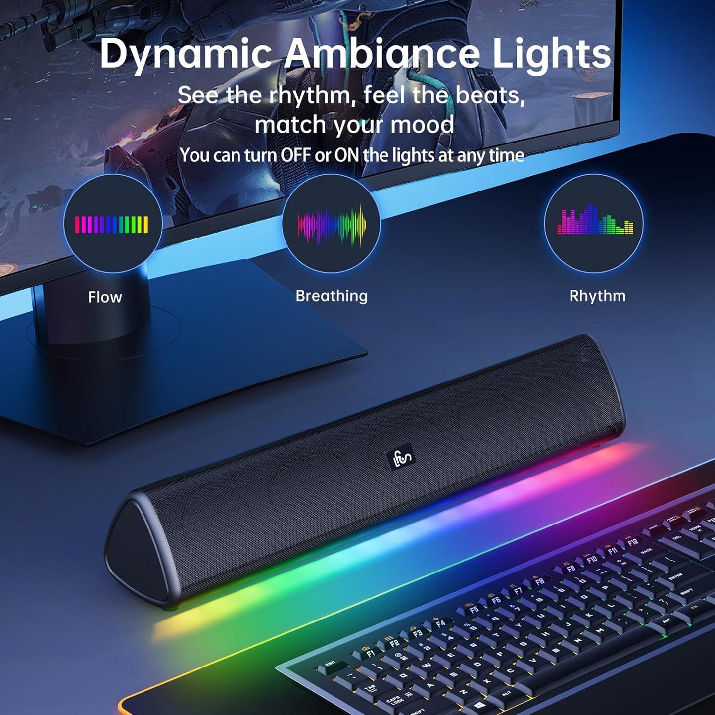 Bluetooth Computer Speaker – 20W Hi-Fi Soundbar with RGB Lights, AUX/Bluetooth, All-in-One Control