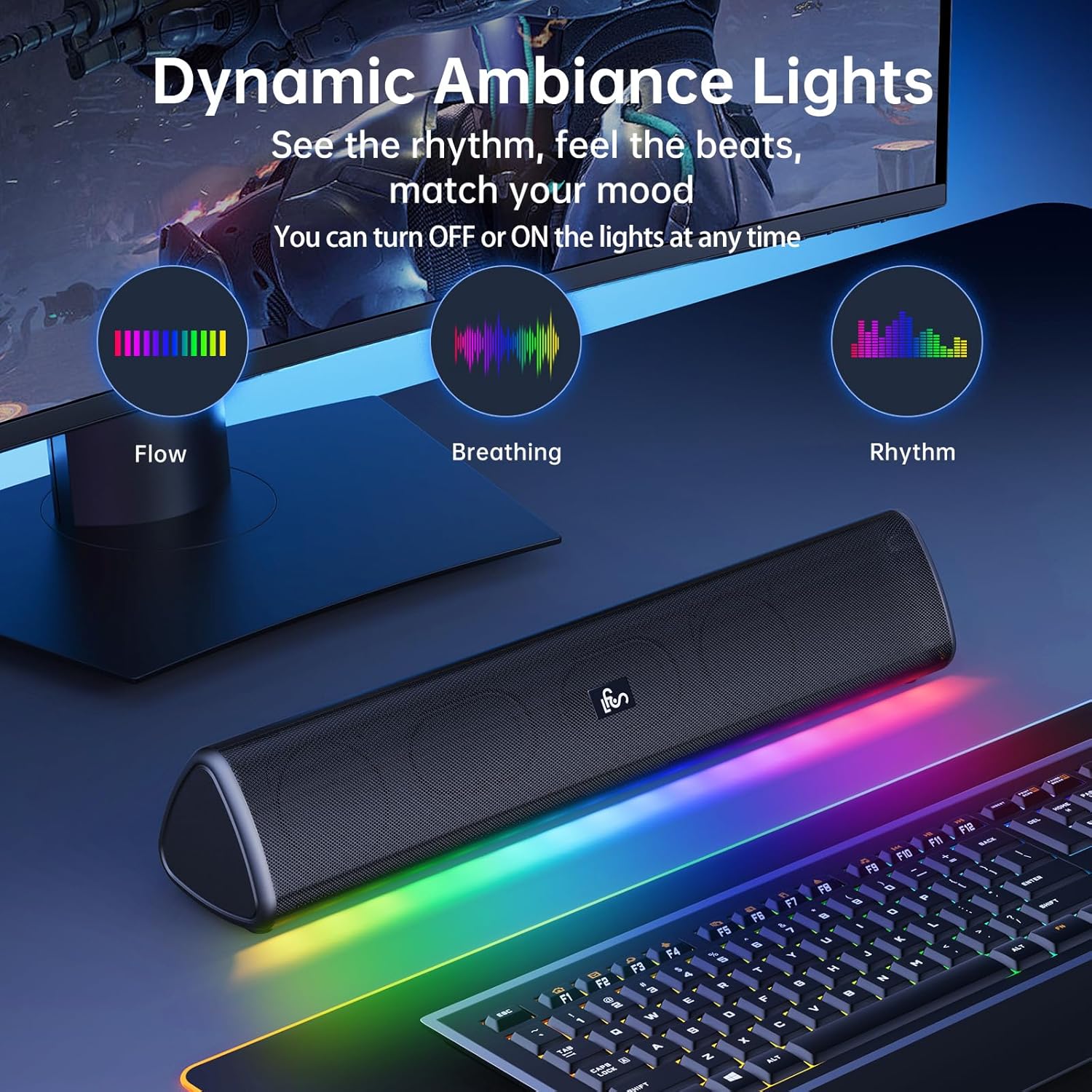 Bluetooth Computer Speaker – 20W Hi-Fi Soundbar with RGB Lights, AUX/Bluetooth, All-in-One Control
