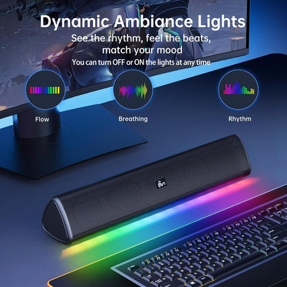 Bluetooth Computer Speaker – 20W Hi-Fi Soundbar with RGB Lights, AUX/Bluetooth, All-in-One Control