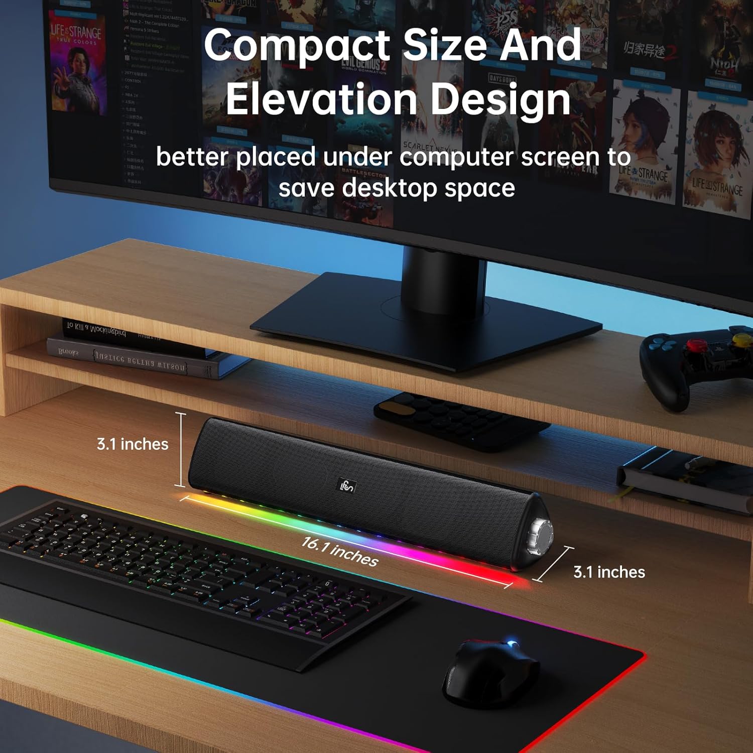 Bluetooth Computer Speaker – 20W Hi-Fi Soundbar with RGB Lights, AUX/Bluetooth, All-in-One Control