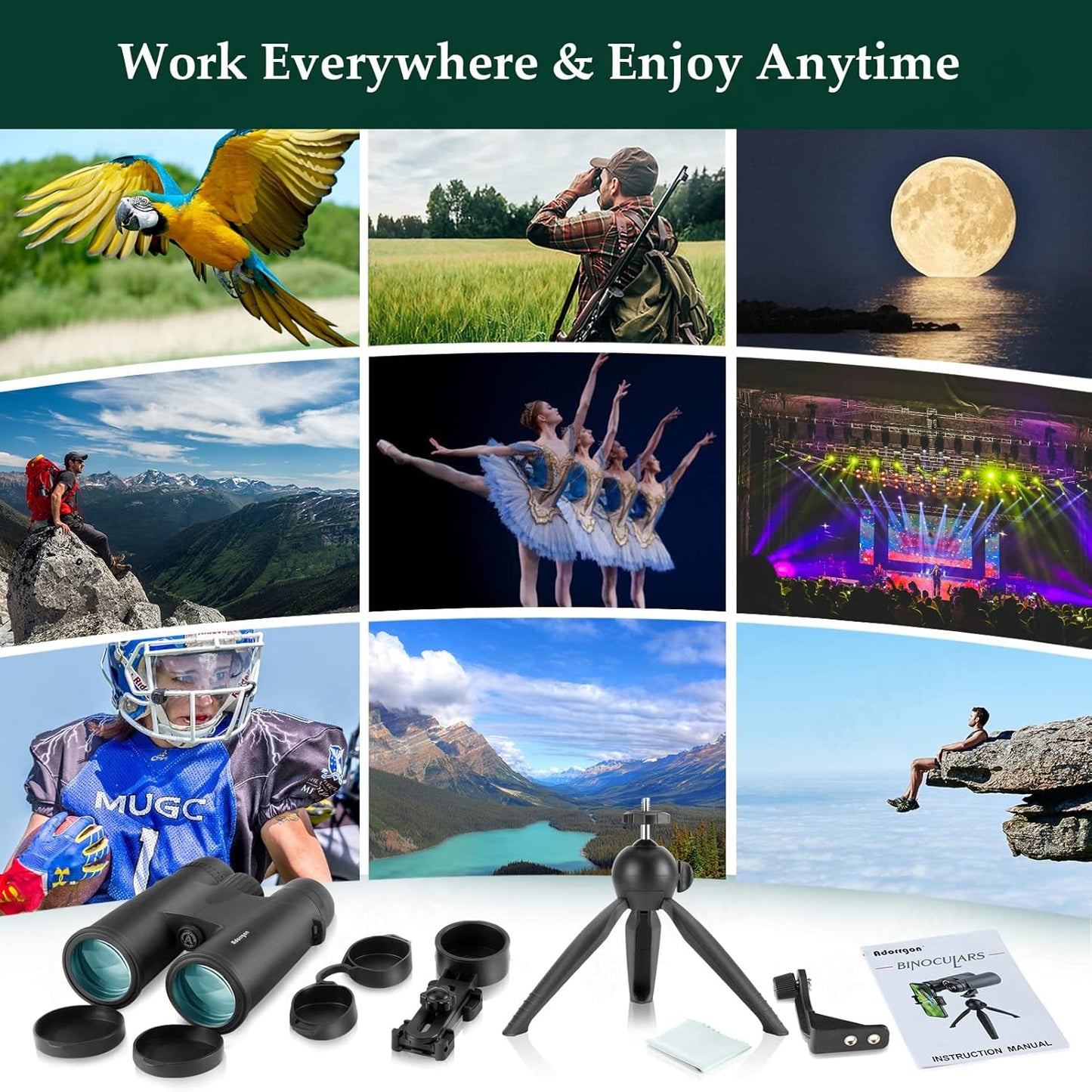 Adorrgon 12x42 HD Binoculars for Adults with Phone Adapter & Tripod – Clear Low Light Vision