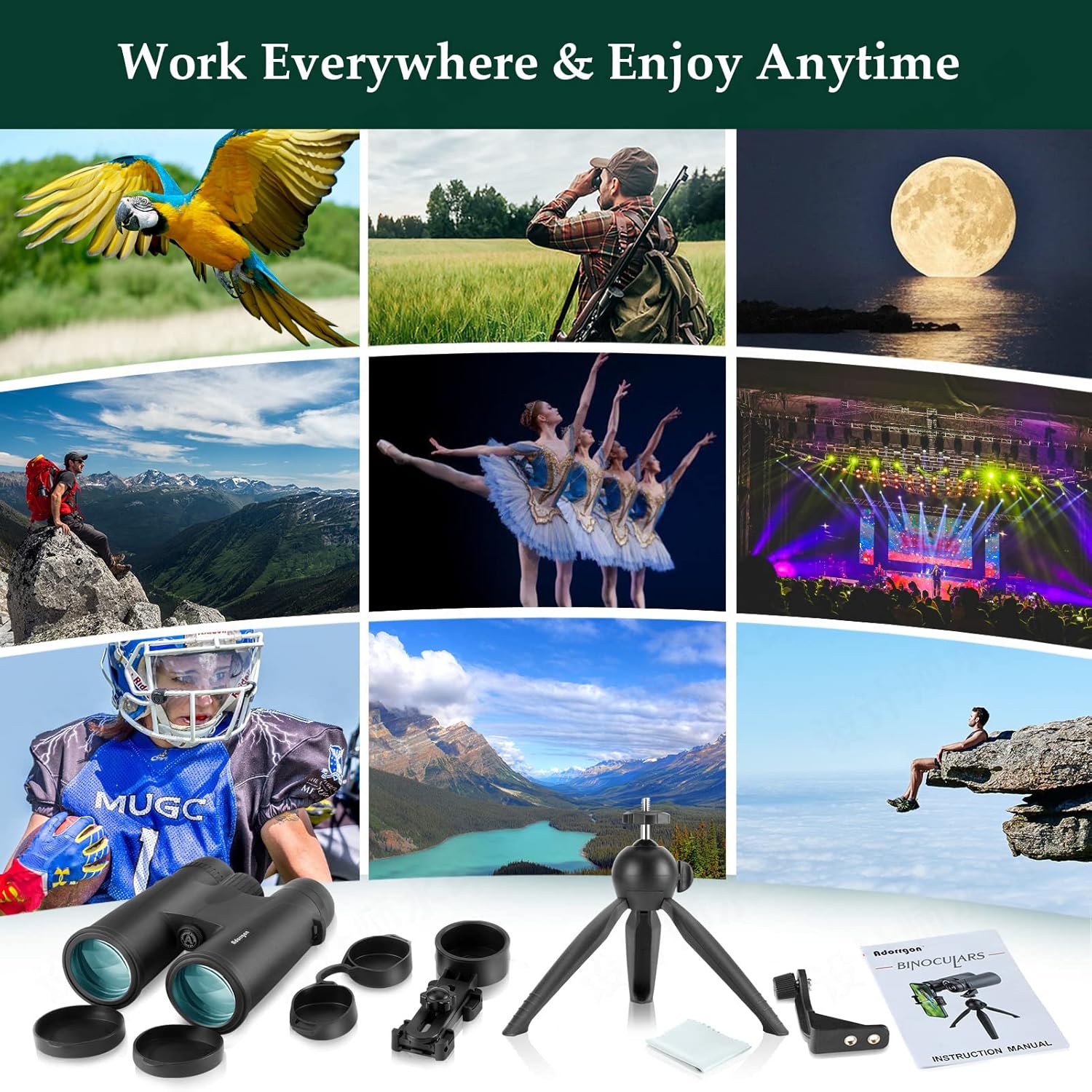 Adorrgon 12x42 HD Binoculars for Adults with Phone Adapter & Tripod – Clear Low Light Vision