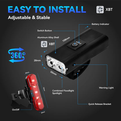 1600 Lumens Bike Headlight & Taillight Set – USB Rechargeable, Waterproof, 10 Modes