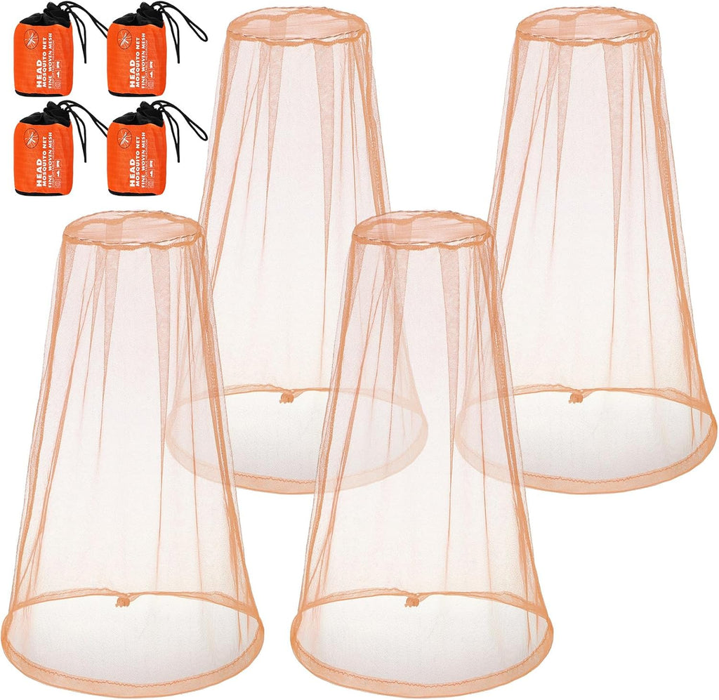 4pk Mosquito Head Net – Breathable Nylon Mesh Face & Neck Protection with Drawstring Carry Bags