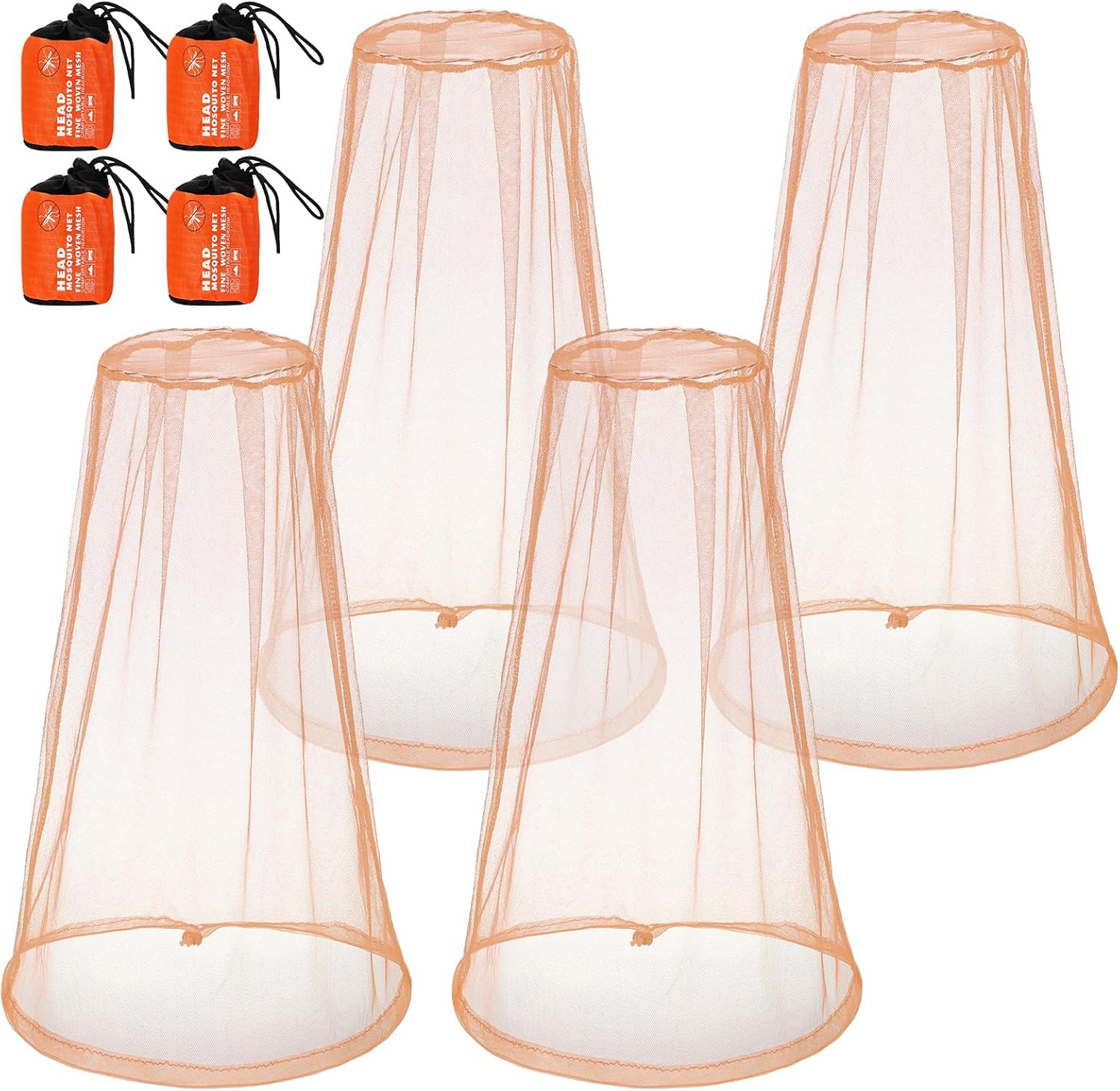 4pk Mosquito Head Net – Breathable Nylon Mesh Face & Neck Protection with Drawstring Carry Bags