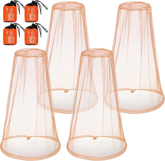 4pk Mosquito Head Net – Breathable Nylon Mesh Face & Neck Protection with Drawstring Carry Bags