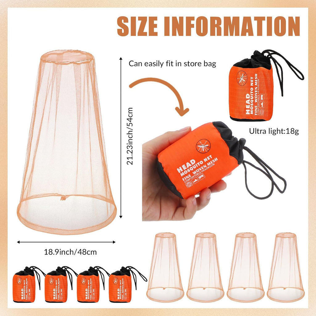 4pk Mosquito Head Net – Breathable Nylon Mesh Face & Neck Protection with Drawstring Carry Bags