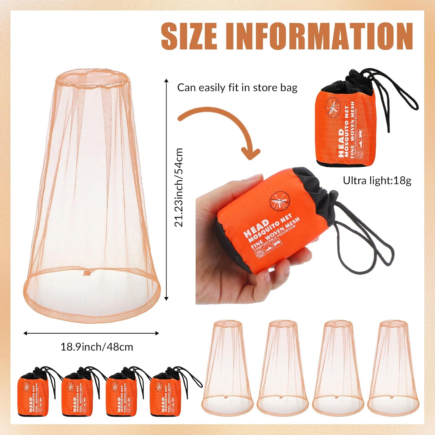 4pk Mosquito Head Net – Breathable Nylon Mesh Face & Neck Protection with Drawstring Carry Bags