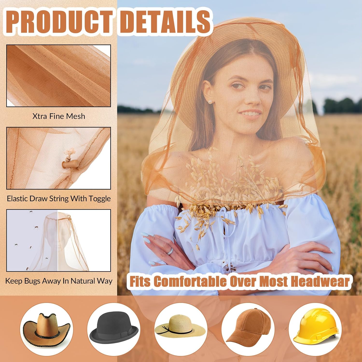 4pk Mosquito Head Net – Breathable Nylon Mesh Face & Neck Protection with Drawstring Carry Bags