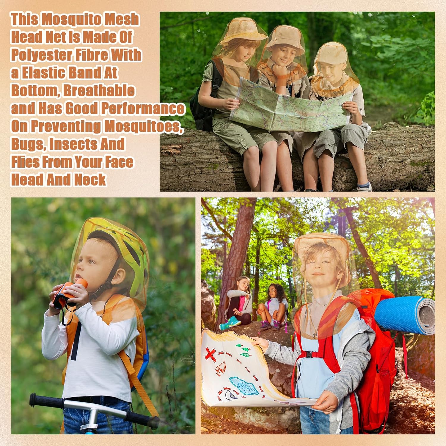 4pk Mosquito Head Net – Breathable Nylon Mesh Face & Neck Protection with Drawstring Carry Bags